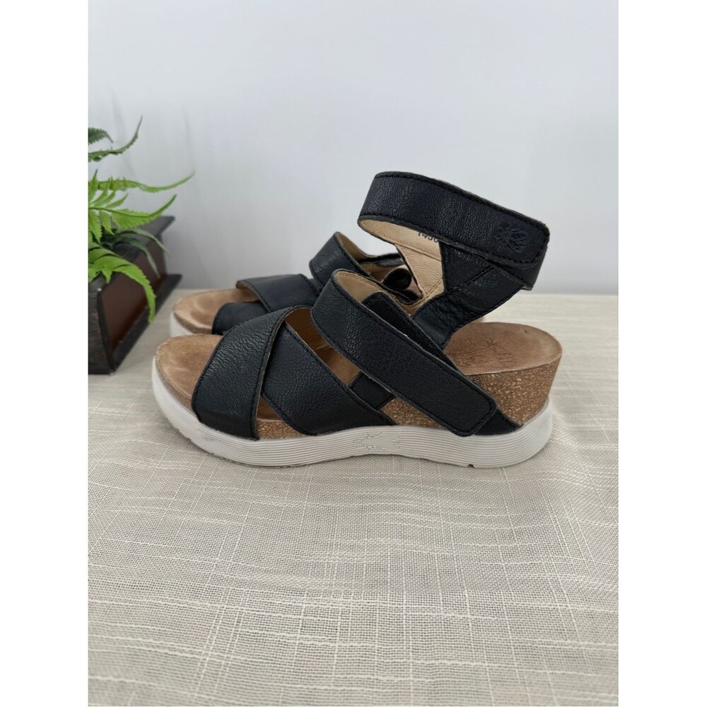 Fly London Wege Wedge Sandal Black Leather Ankle Strap Size 38